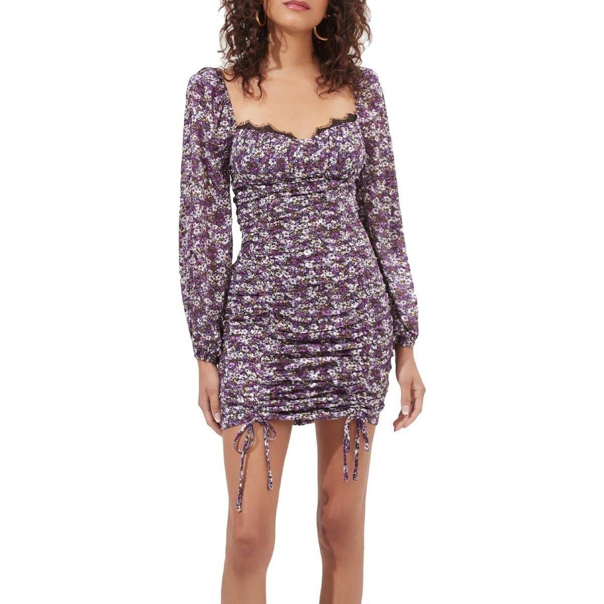 Astr The Label S Mardi Purple Floral Mini Babydoll Dress Ruched Bodycon